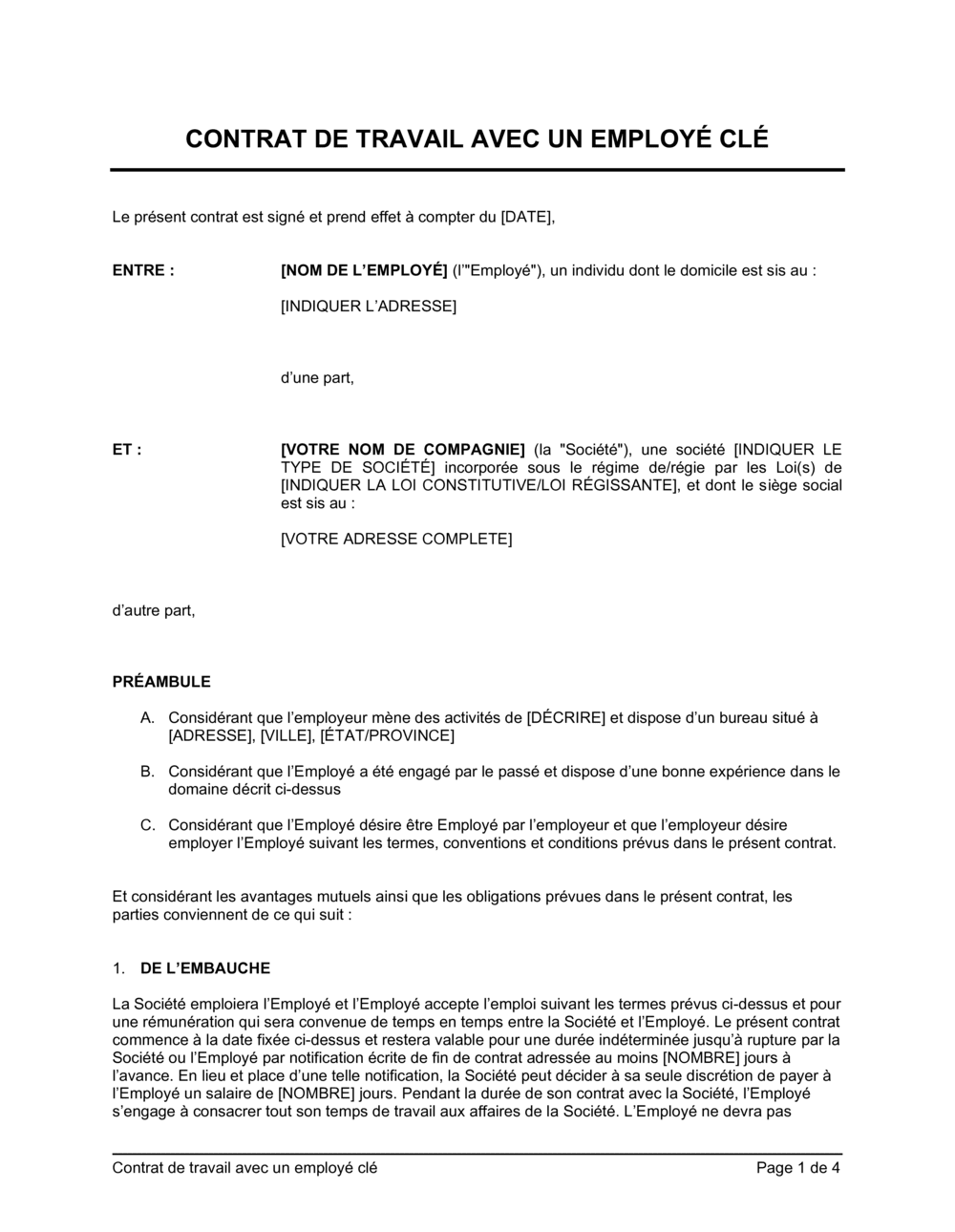 Business-in-a-Box's Contrat de travail avec un employé clé