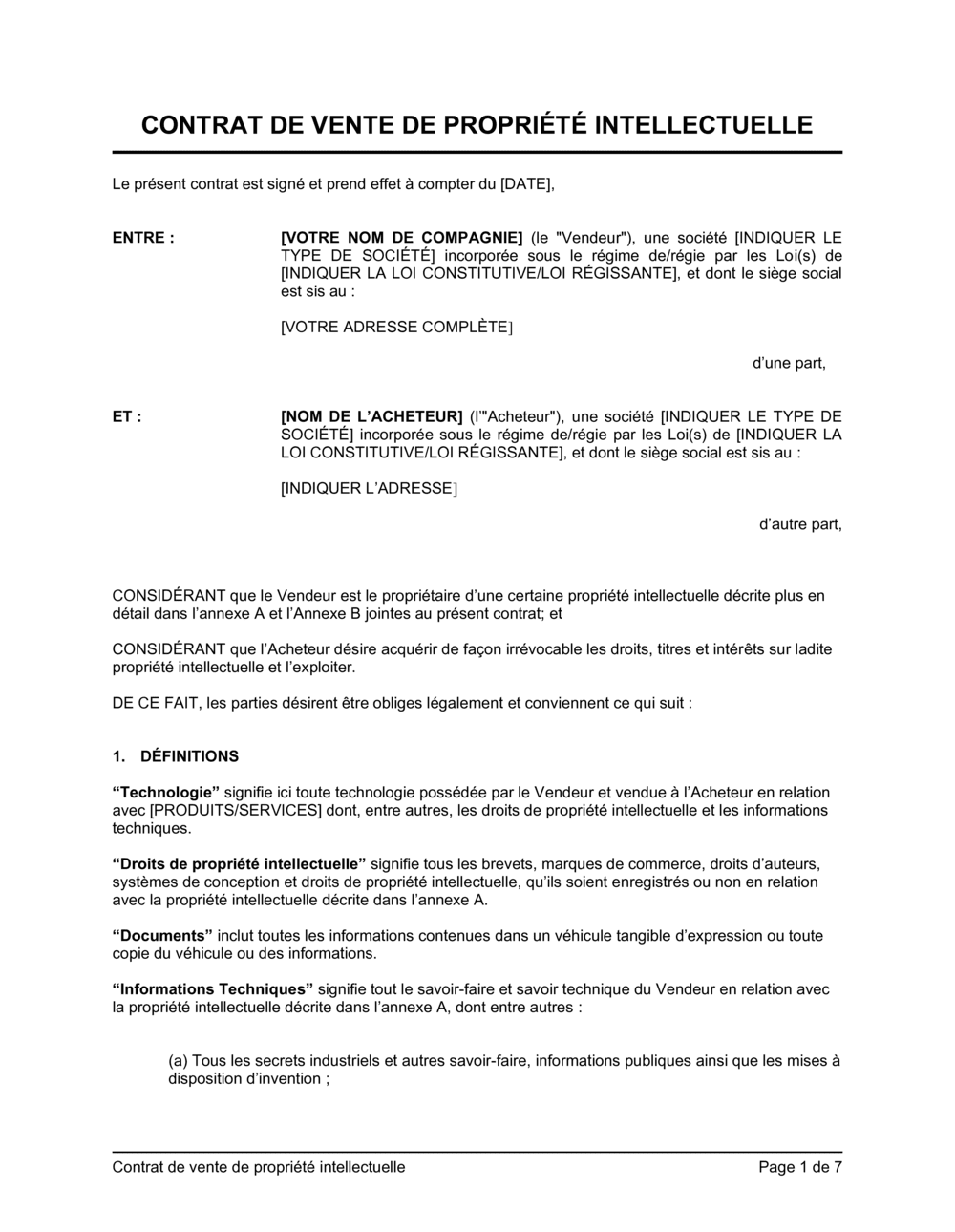 Business-in-a-Box's Contrat de vente de propriété intellectuelle