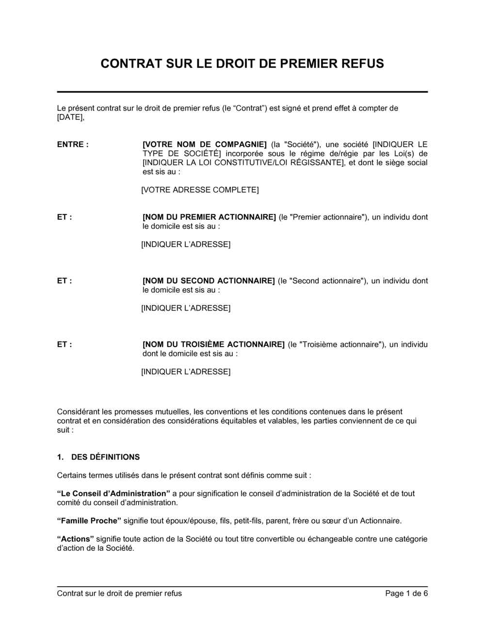 Business-in-a-Box's Contrat sur droit de premier refus