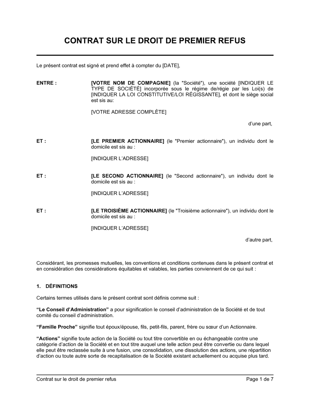 Business-in-a-Box's Contrat sur droit de premier refus