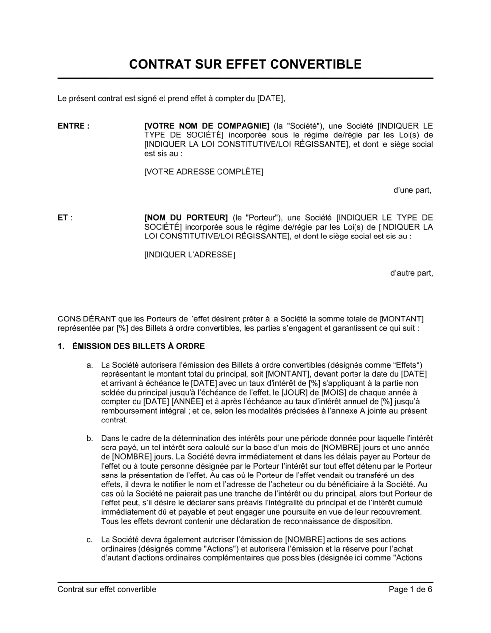 Business-in-a-Box's Contrat sur effet convertible