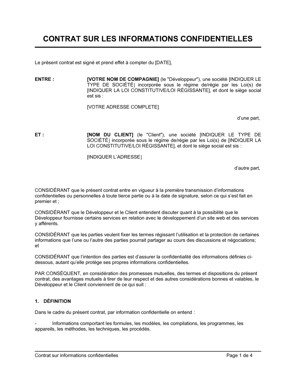 Business-in-a-Box's Contrat sur les informations confidentielles
