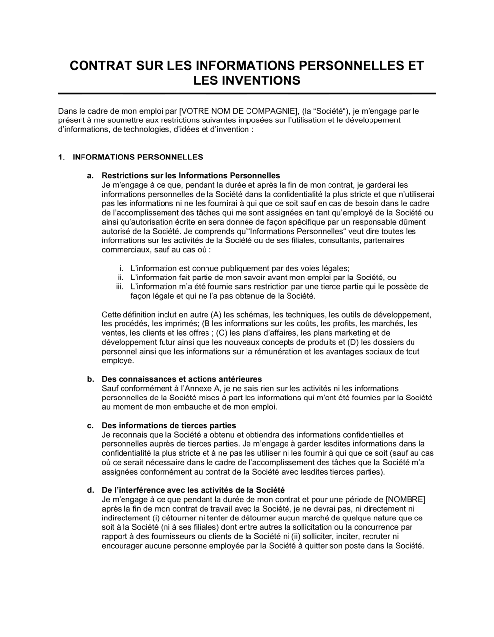 Business-in-a-Box's Contrat sur les informations personnelles et les inventions