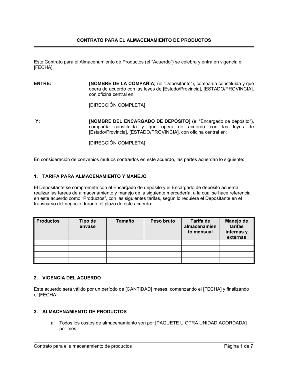 Business-in-a-Box's Contrato para almacenar mercancías