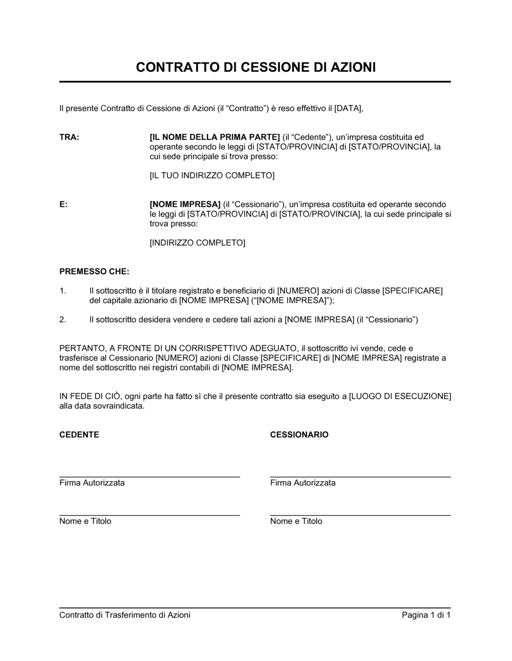 Business-in-a-Box's Contratto di cessione di azioni breve