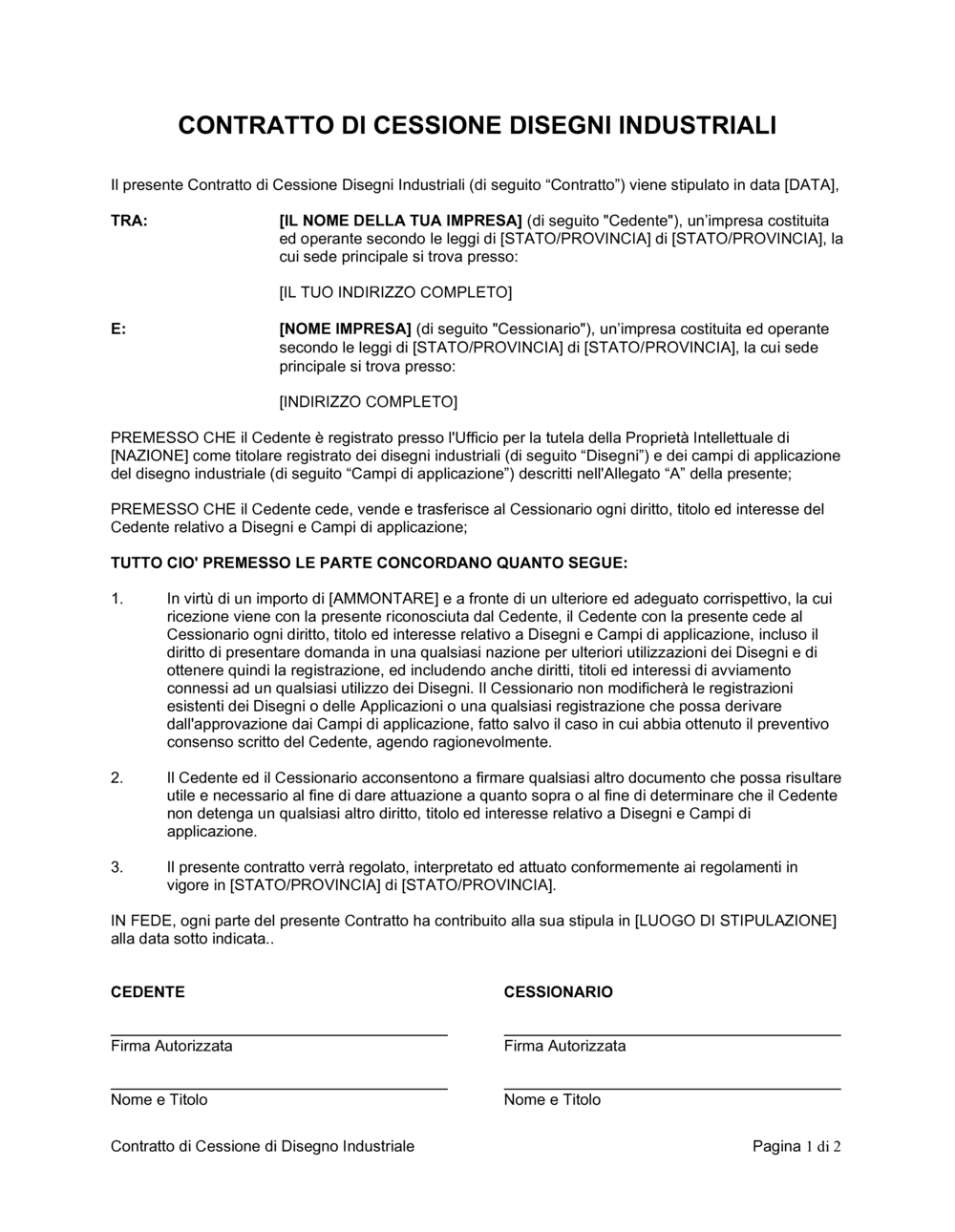 Business-in-a-Box's Contratto di cessione di disegno industriale