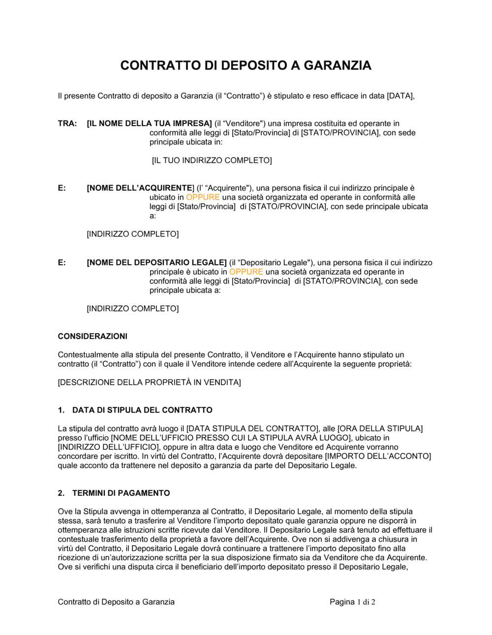 Business-in-a-Box's Contratto di deposito a garanzia