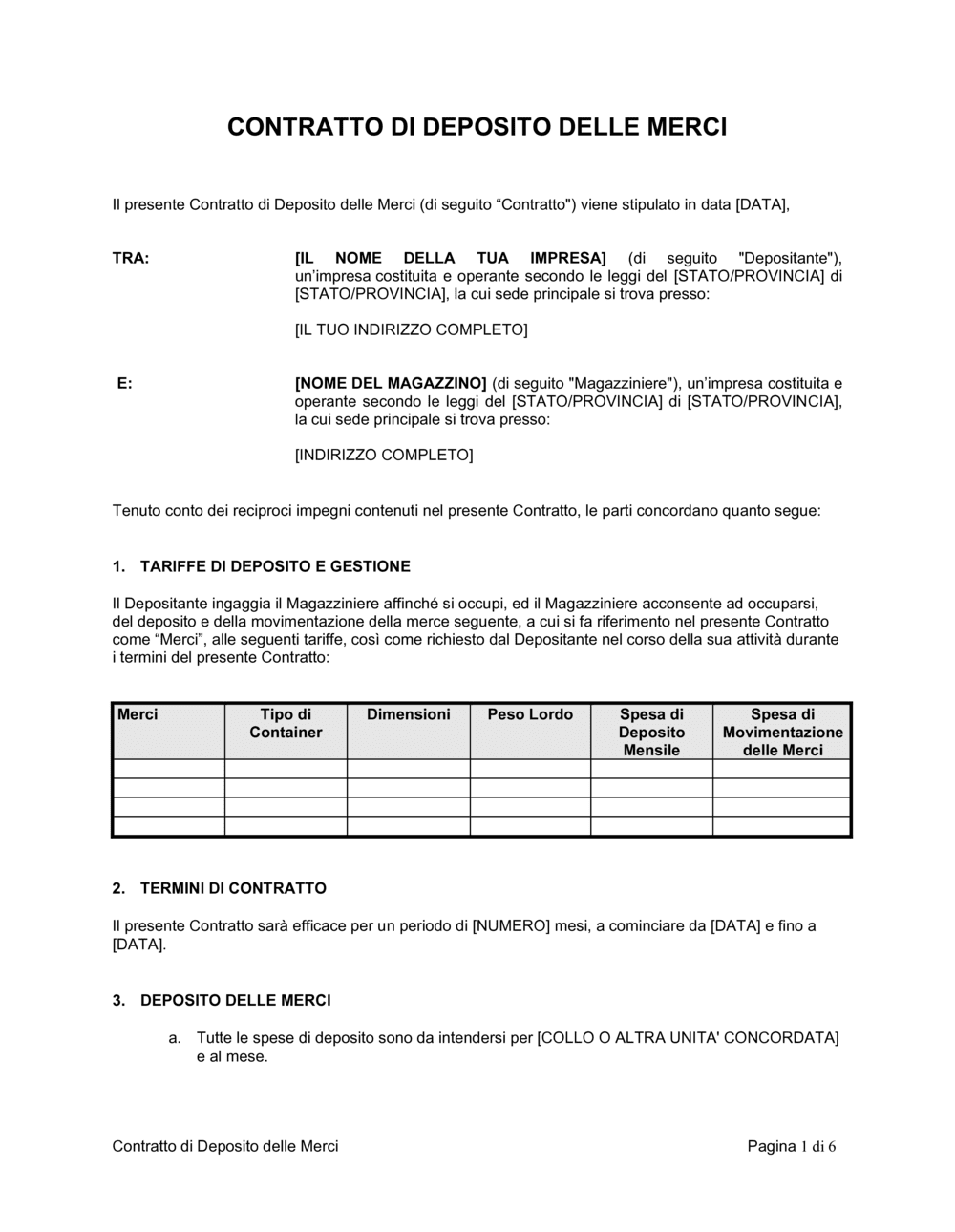 Business-in-a-Box's Contratto di deposito delle merci