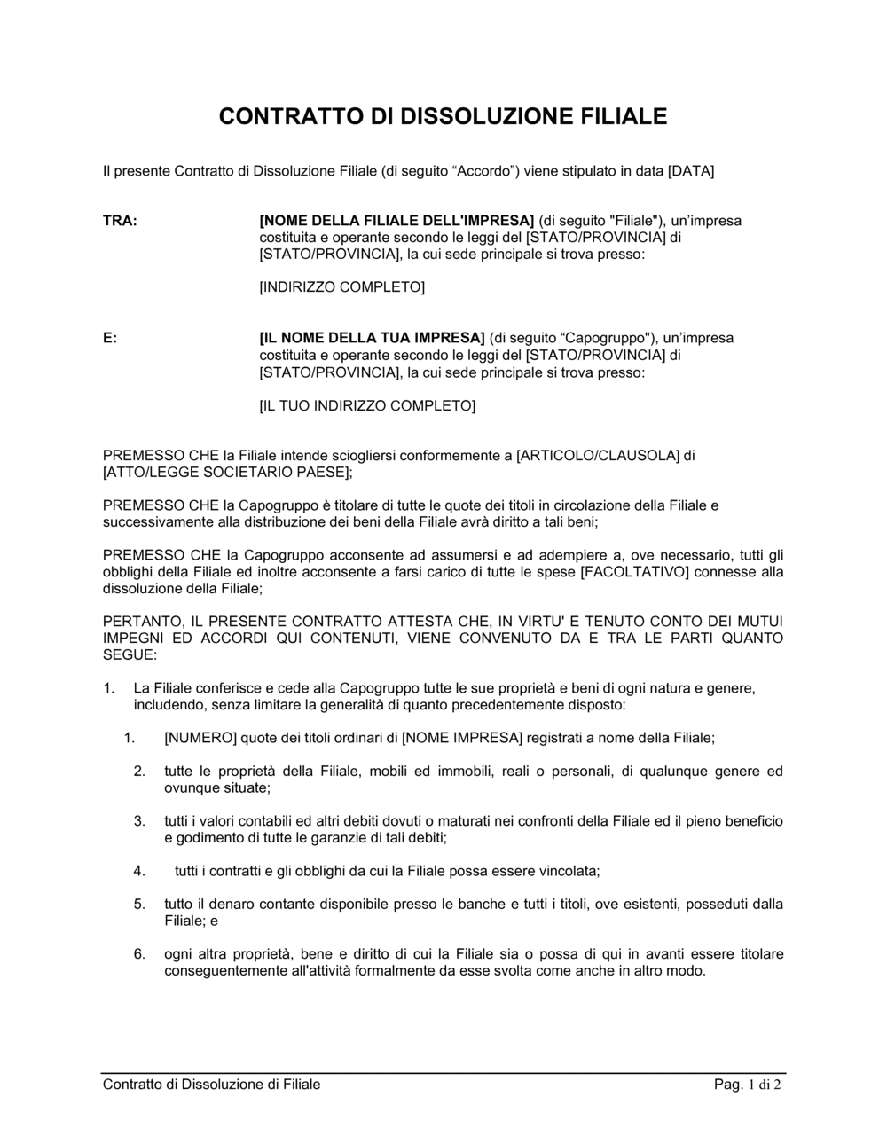 Business-in-a-Box's Contratto di dissoluzione di filiale