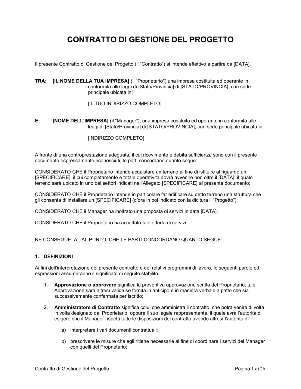 Business-in-a-Box's Contratto di gestione del progetto