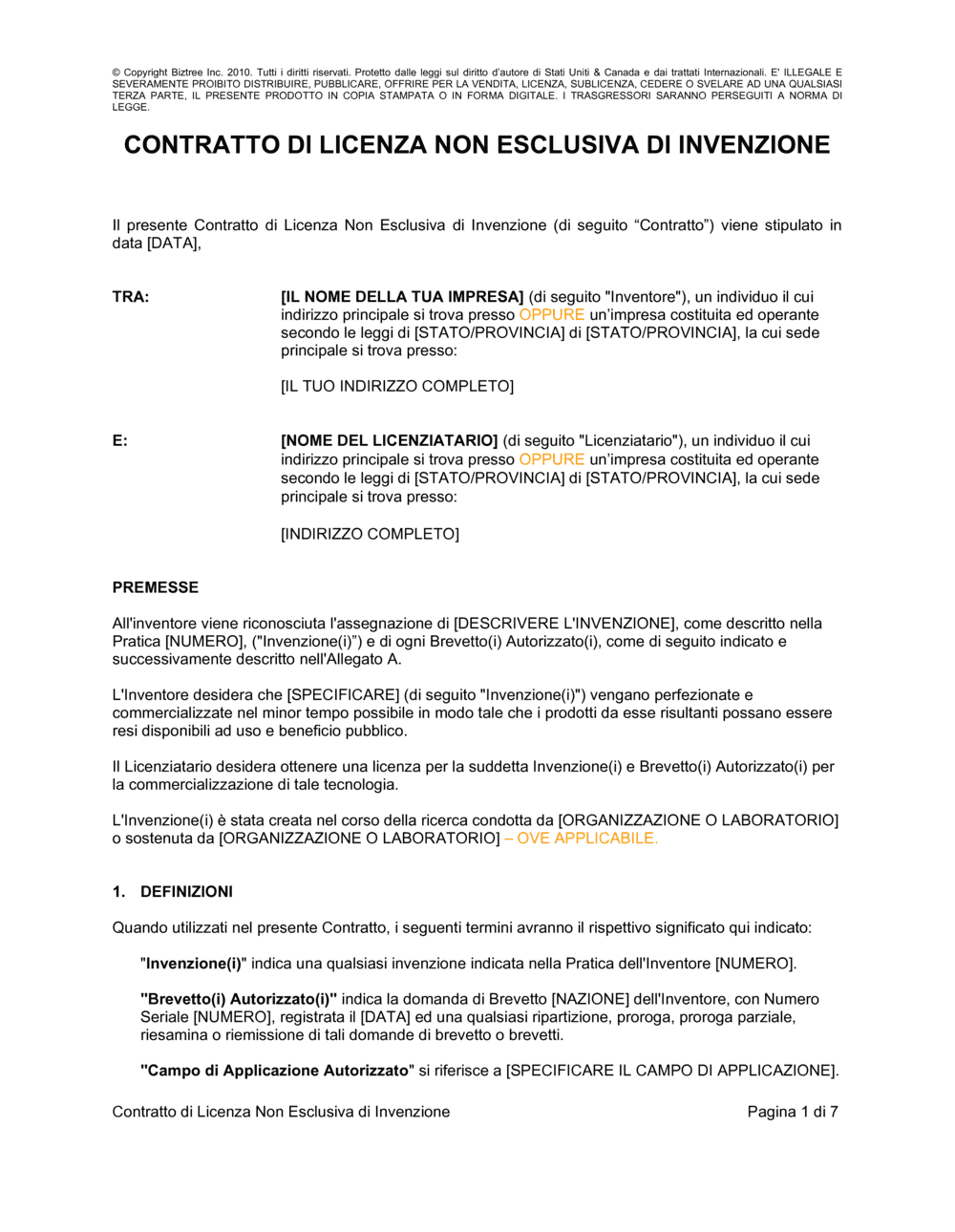 Business-in-a-Box's Contratto di licenza non esclusiva di invenzione