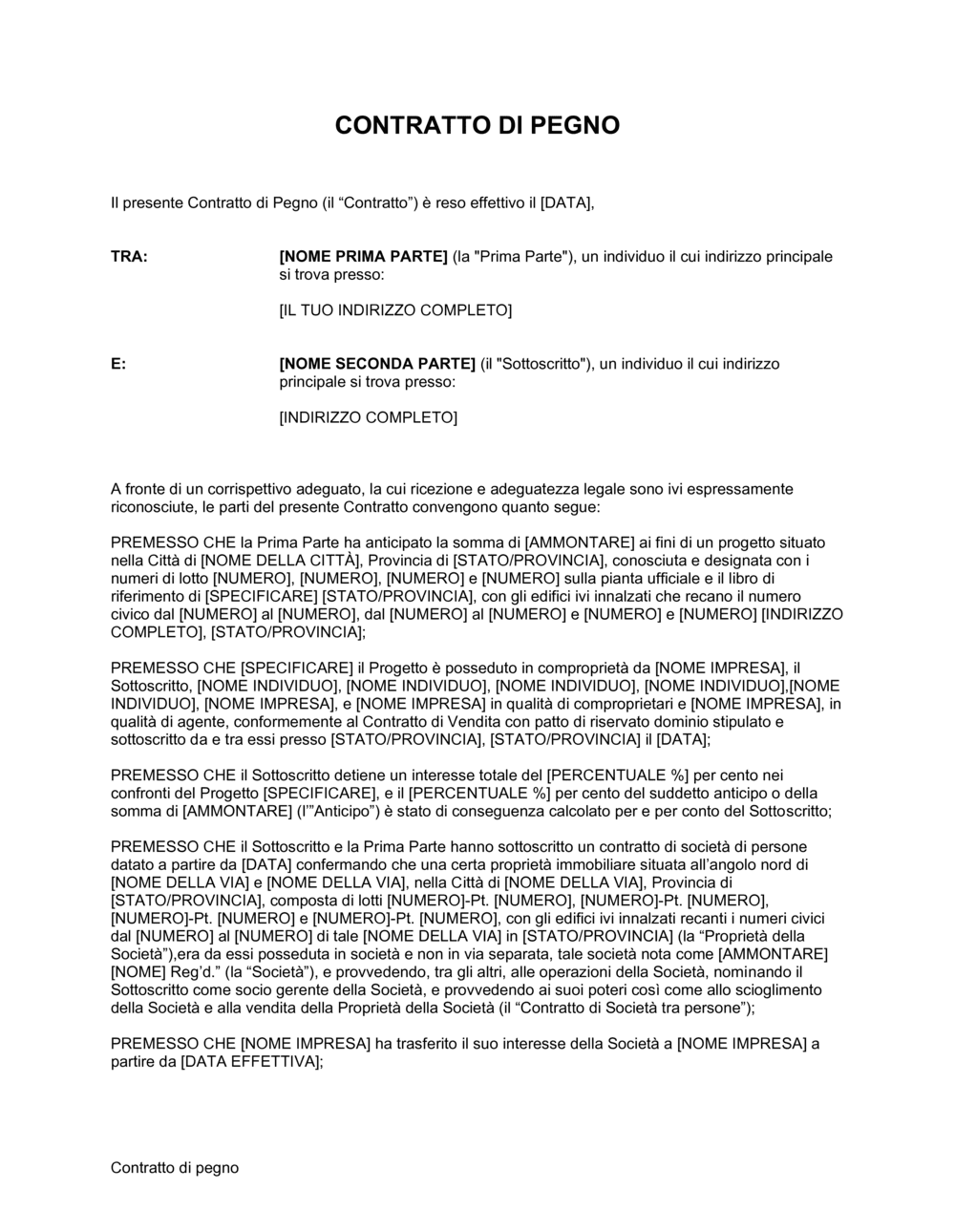 Business-in-a-Box's Contratto di pegno