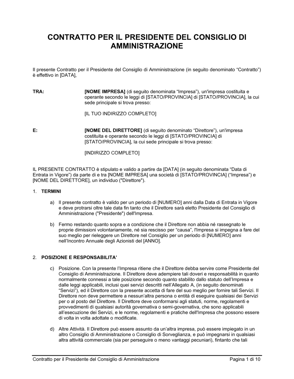 Business-in-a-Box's Contratto per il presidente del consiglio di amministrazione