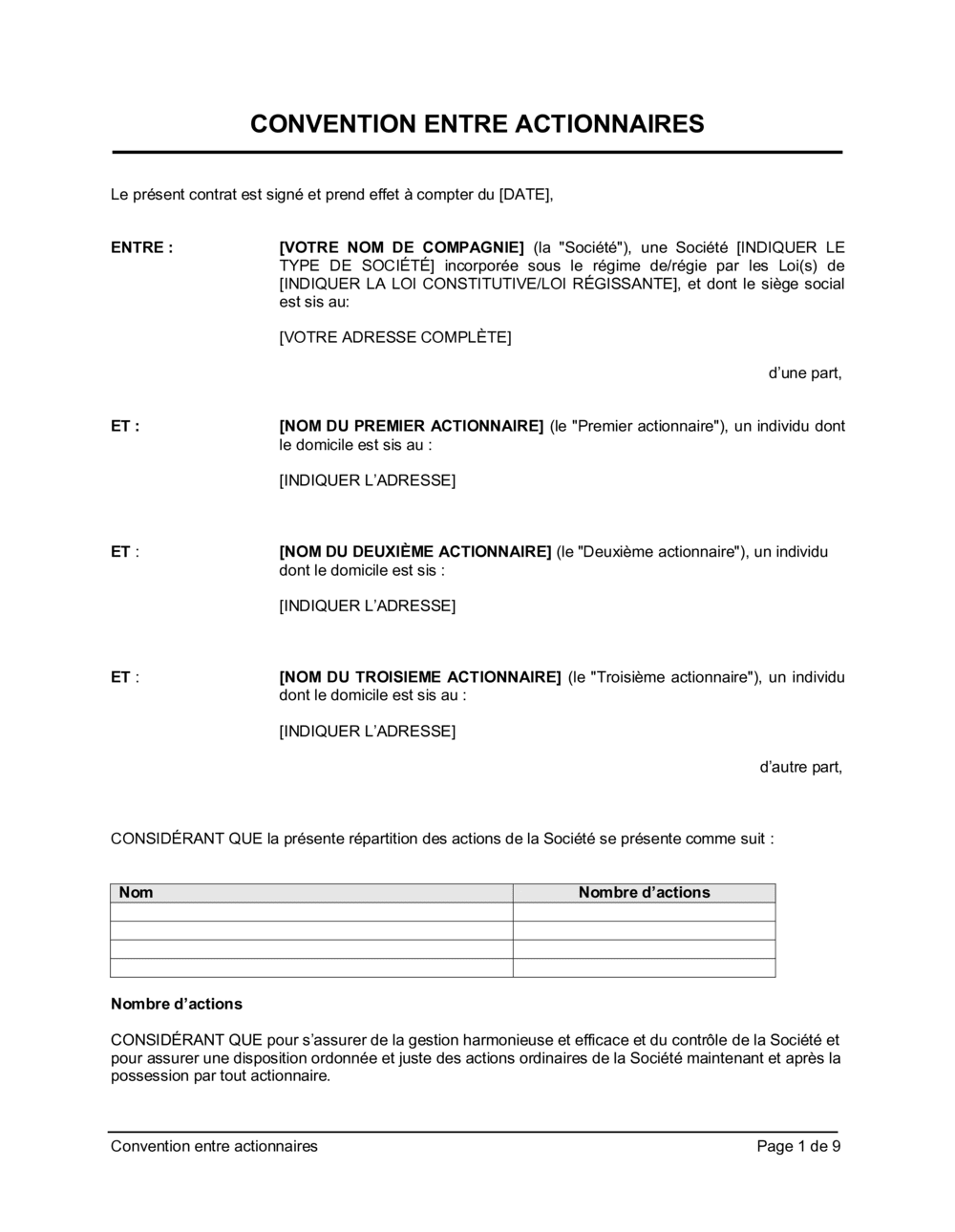 Business-in-a-Box's Convention entre actionnaires