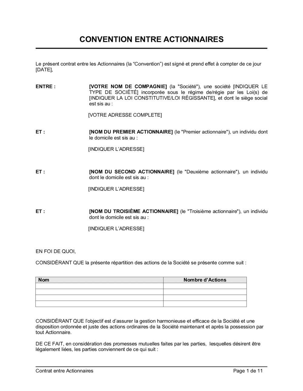 Business-in-a-Box's Convention entre actionnaires (longue)