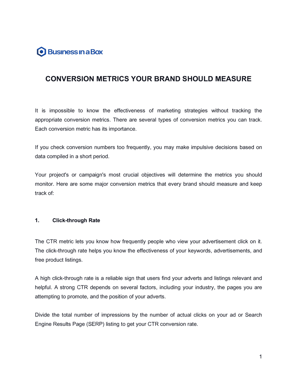 Business-in-a-Box's Conversion Metrics Your Brand Should Measure Template