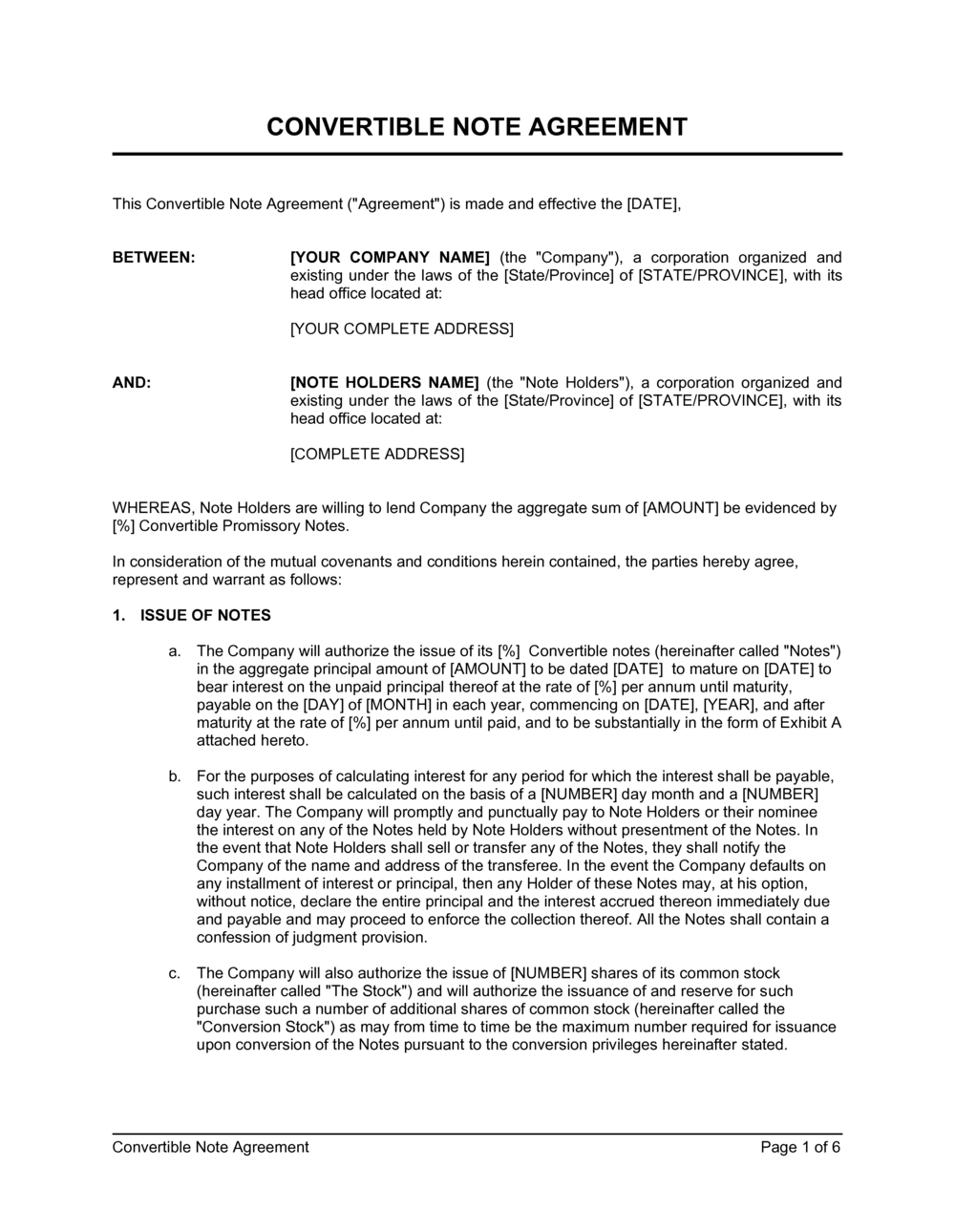 Convertible Note Agreement Template by BusinessinaBox™