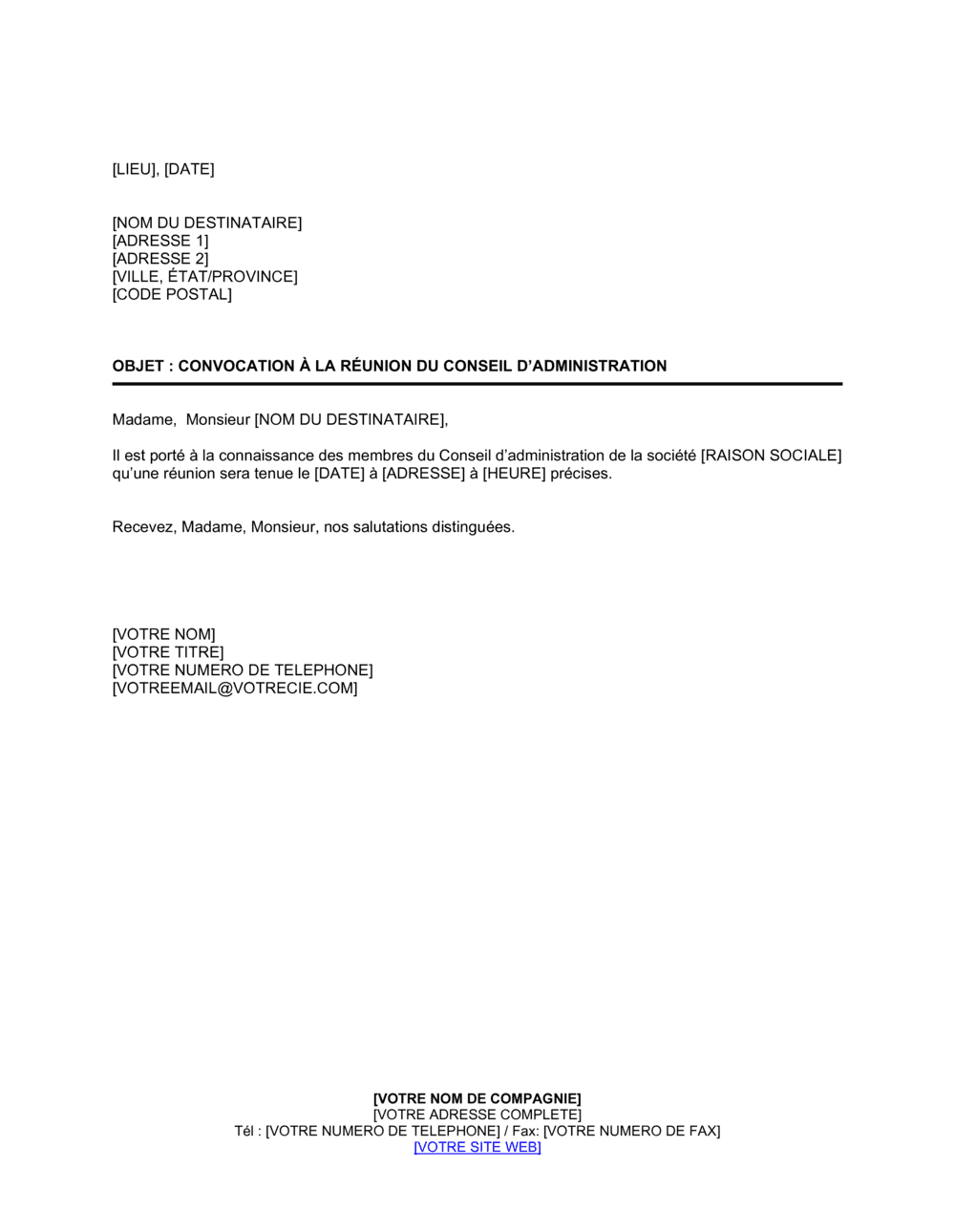 Business-in-a-Box's Convocation à la réunion du CA