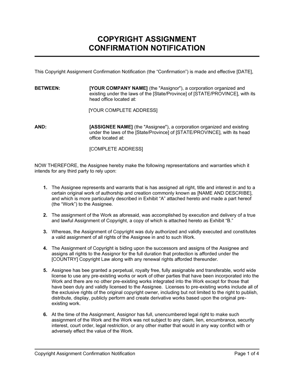 Copyright Assignment Confirmation Notification Template  by Pertaining To claim assignment agreement template