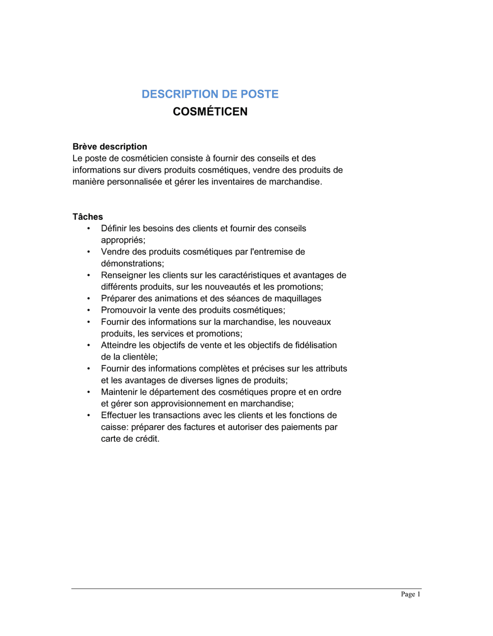 Business-in-a-Box's Cosméticien Description de poste