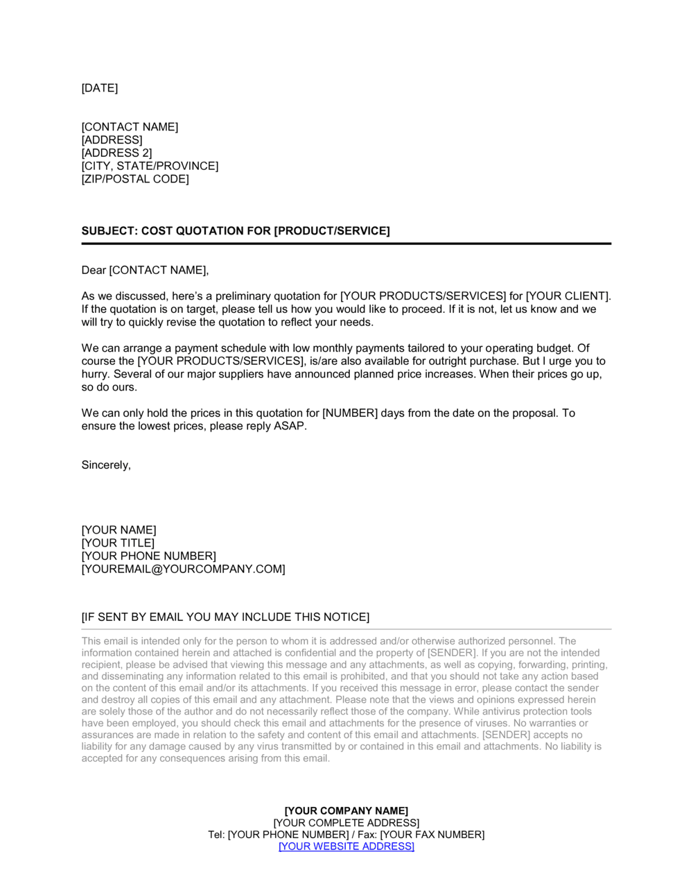 Cover Letter For A Cost Quotation Template By Business In A Box