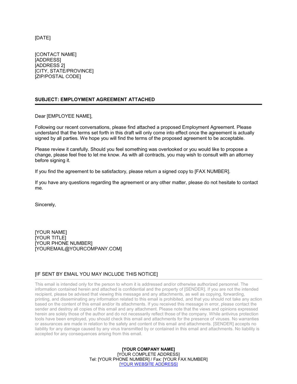 Cover Letter Employment Agreement Template  by Business-in-a-Box™