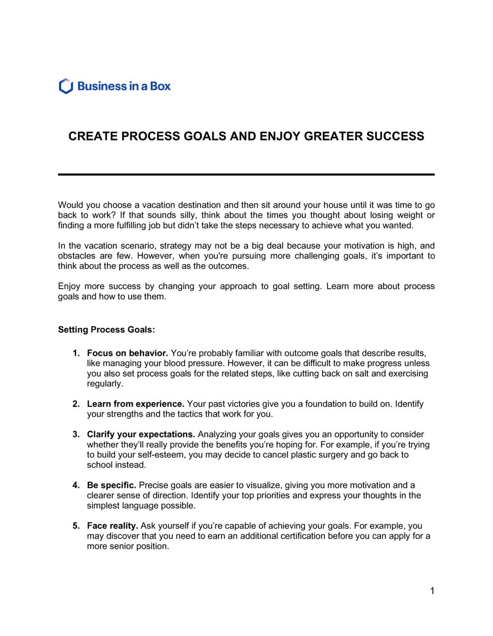 Business-in-a-Box's Create Process Goals and Enjoy Greater Success Template