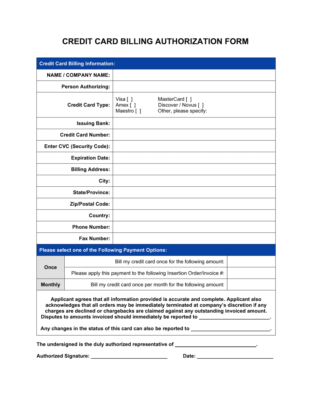 Credit Card Billing Authorization Form Template By Business In A Box