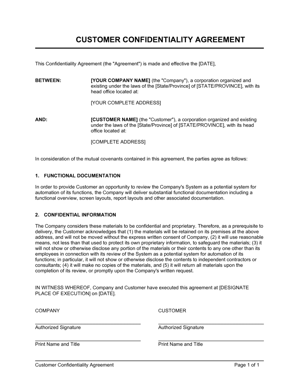 Customer Confidentiality Agreement Template By Business in a Box 