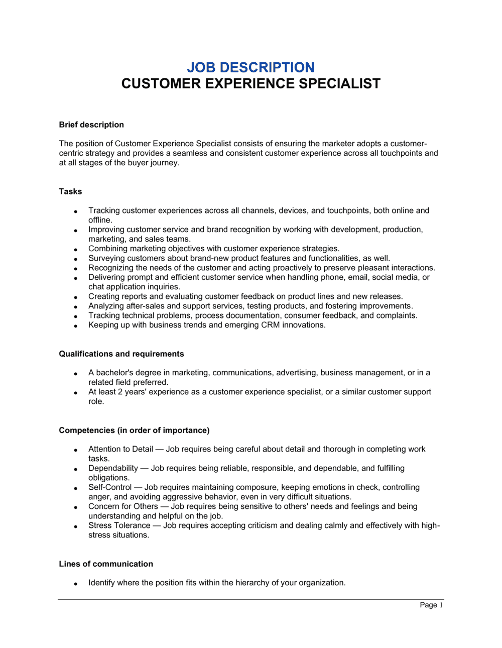 Business-in-a-Box's Customer Experience Specialist Job Description Template