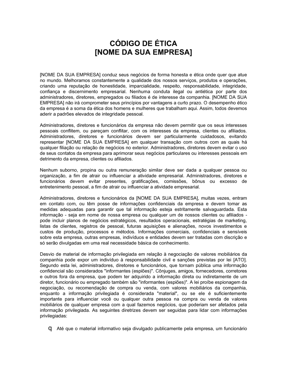 Business-in-a-Box's Código de Ética