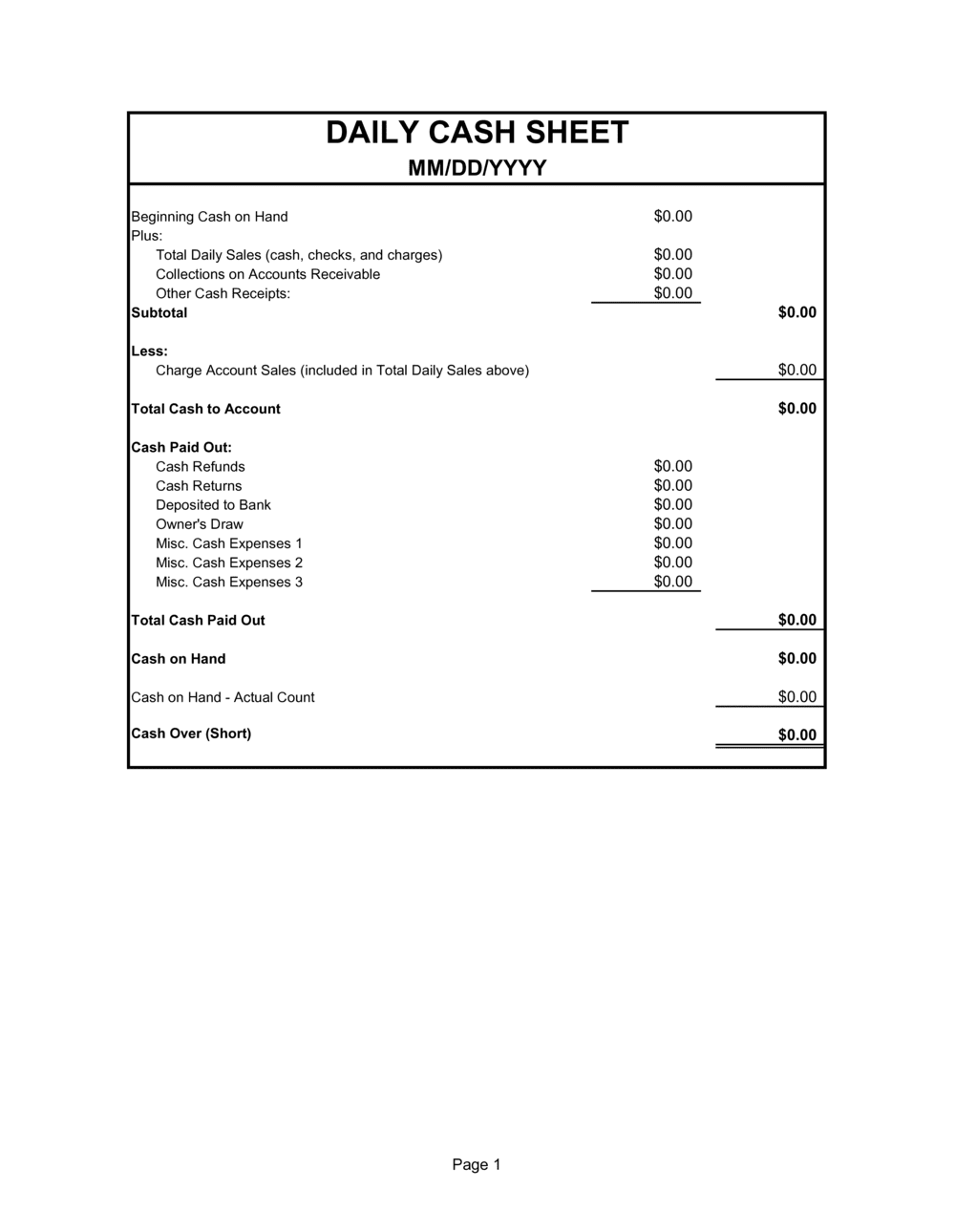 Printable Cash Count Sheet Excel