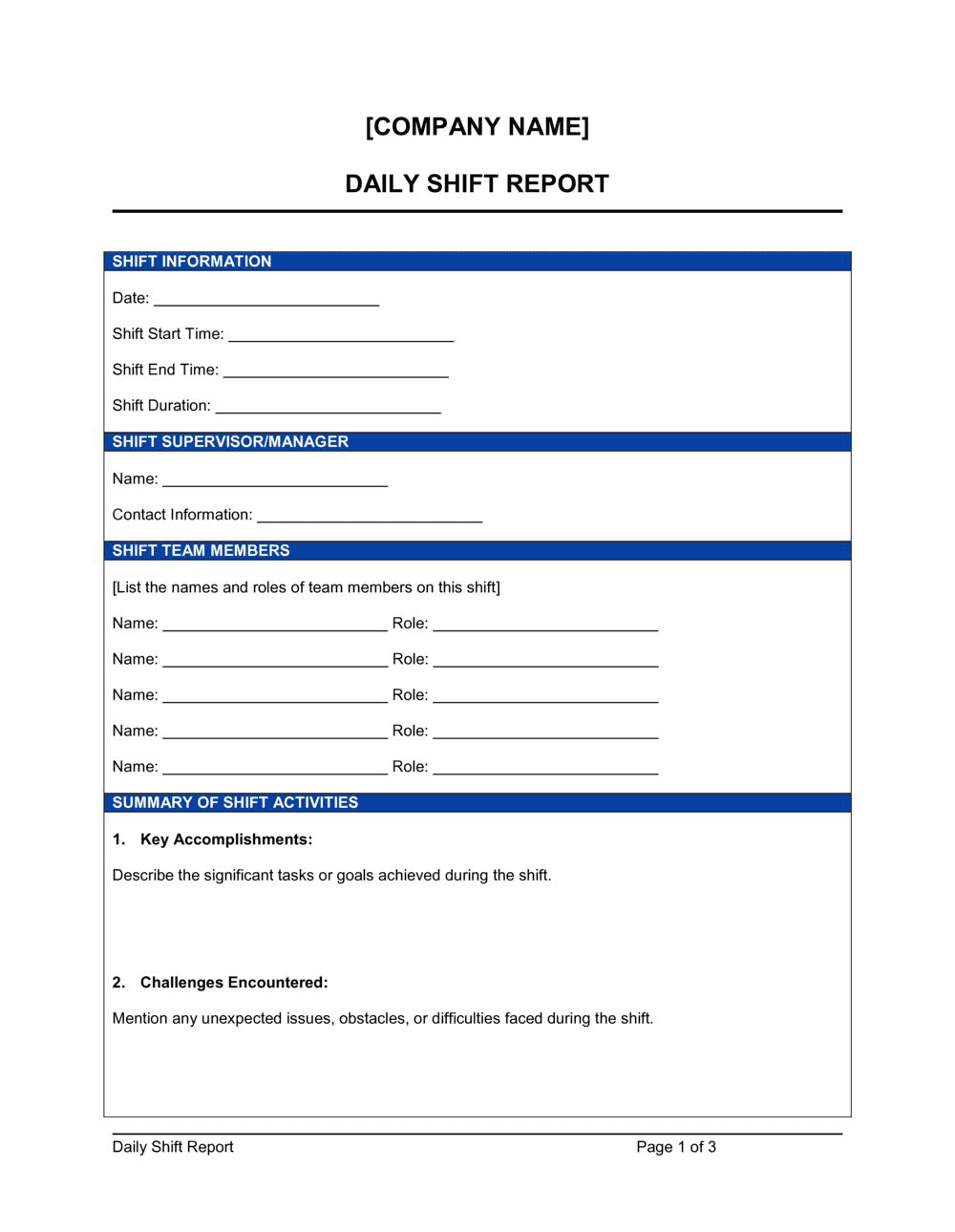 Daily Shift Report Template [Free Download] Word & PDF
