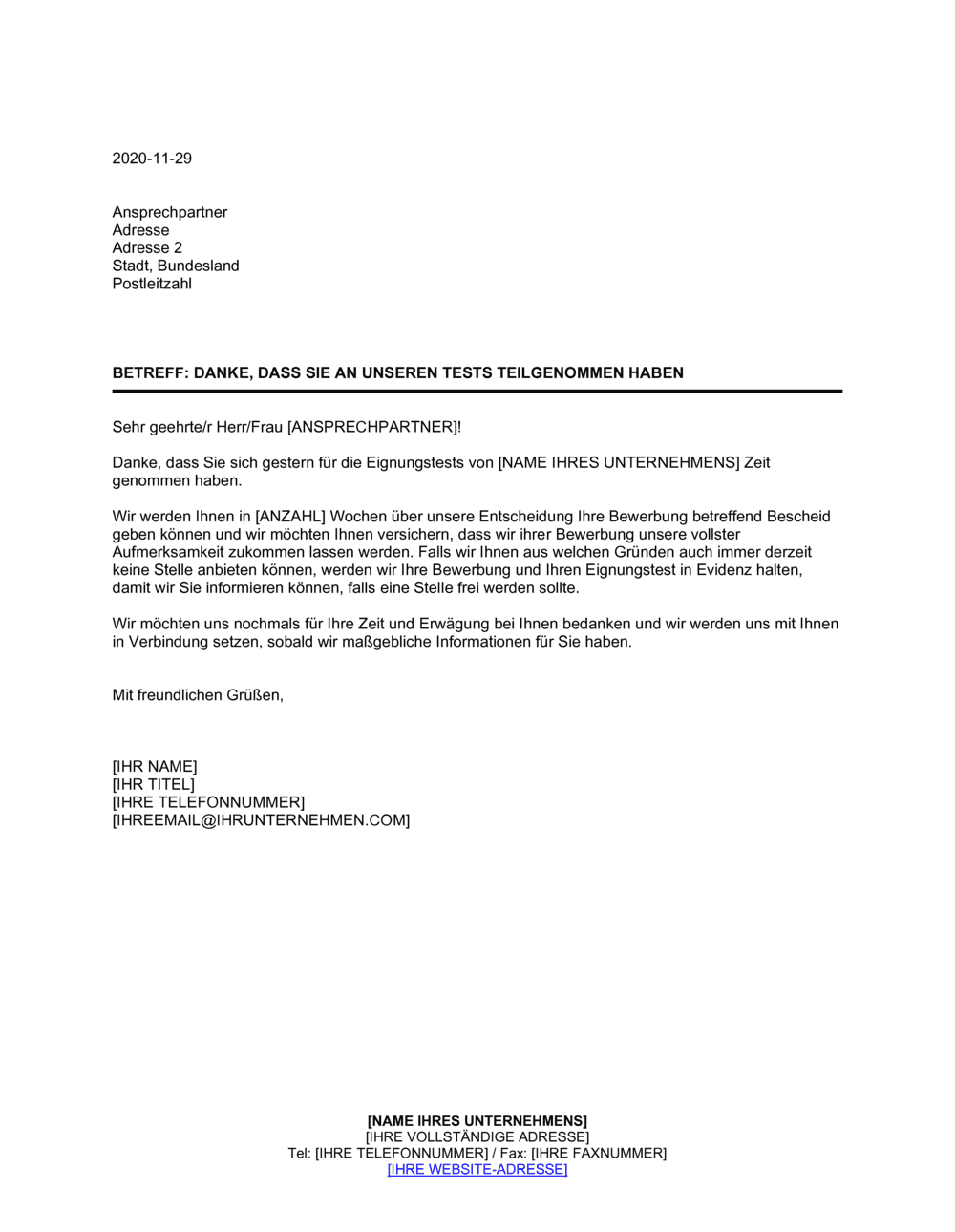 Business-in-a-Box's Dankesschreiben an Bewerber für Tests