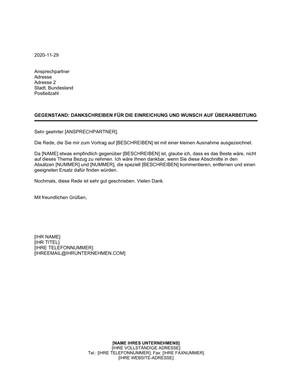 Business-in-a-Box's Dankschreiben für die Einreichung und Wunsch auf Überarbeitung