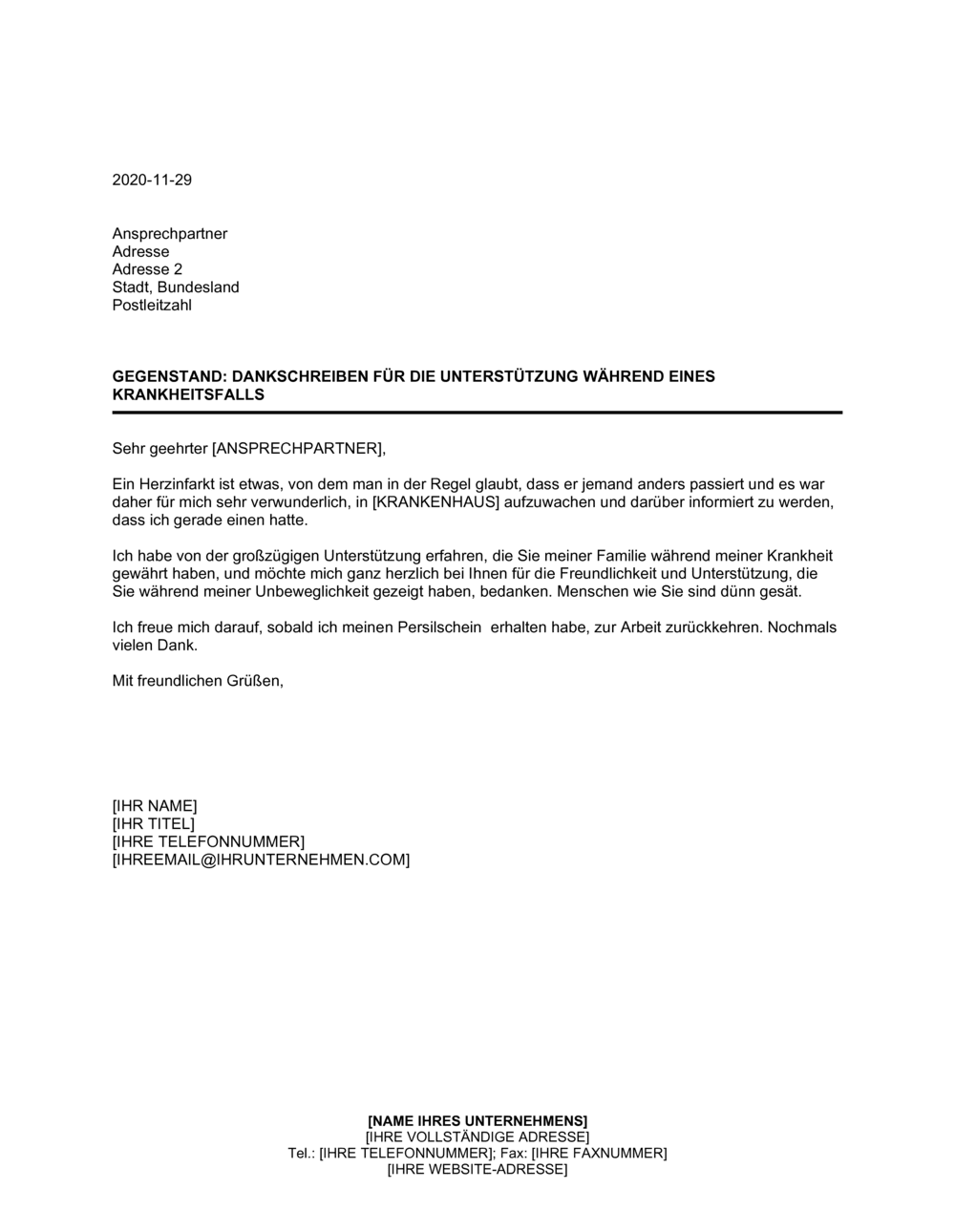 Business-in-a-Box's Dankschreiben für die Unterstützung während eines Krankheitsfalls