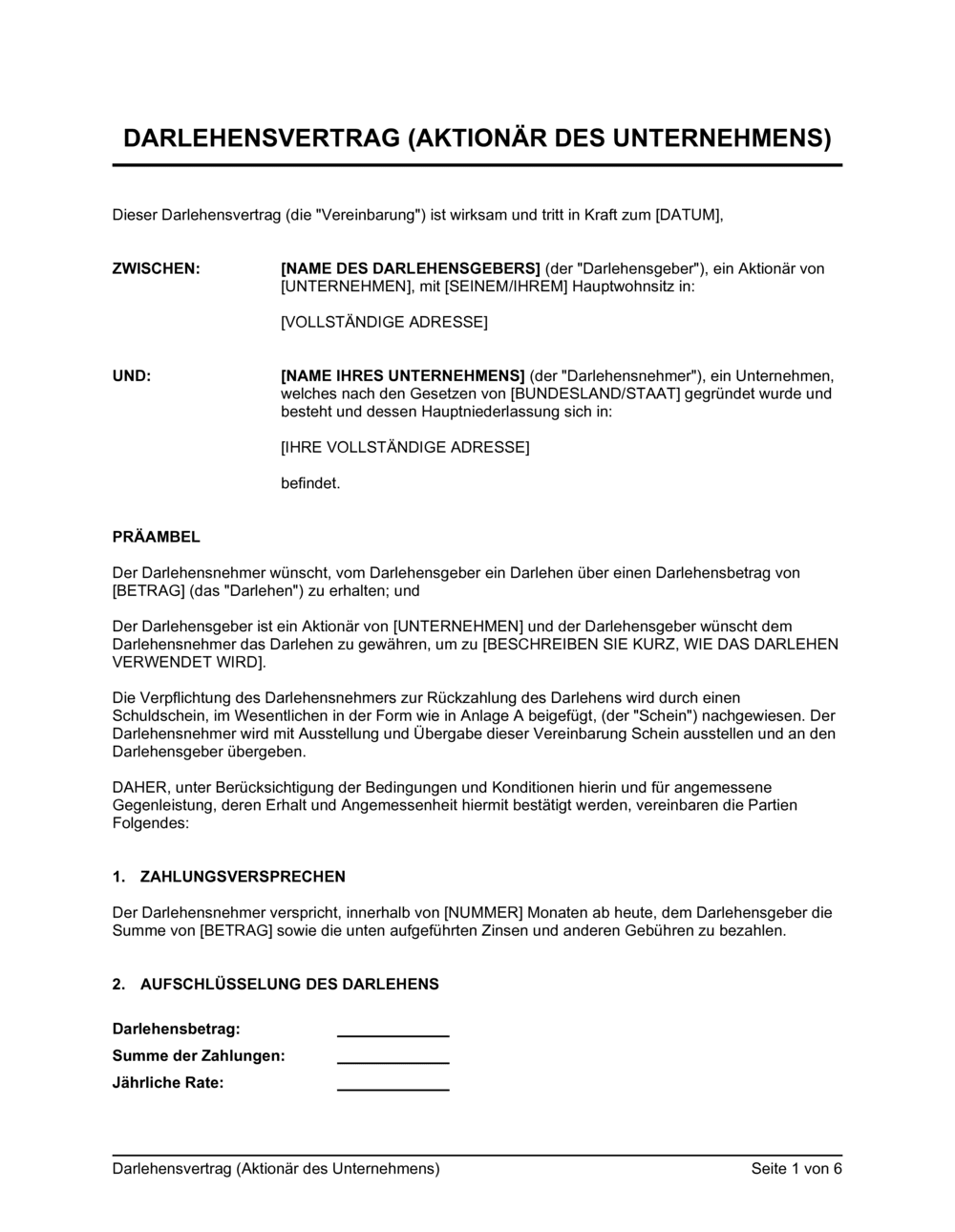 Darlehensvertrag Aktionär des Unternehmens (Word kostenlos)