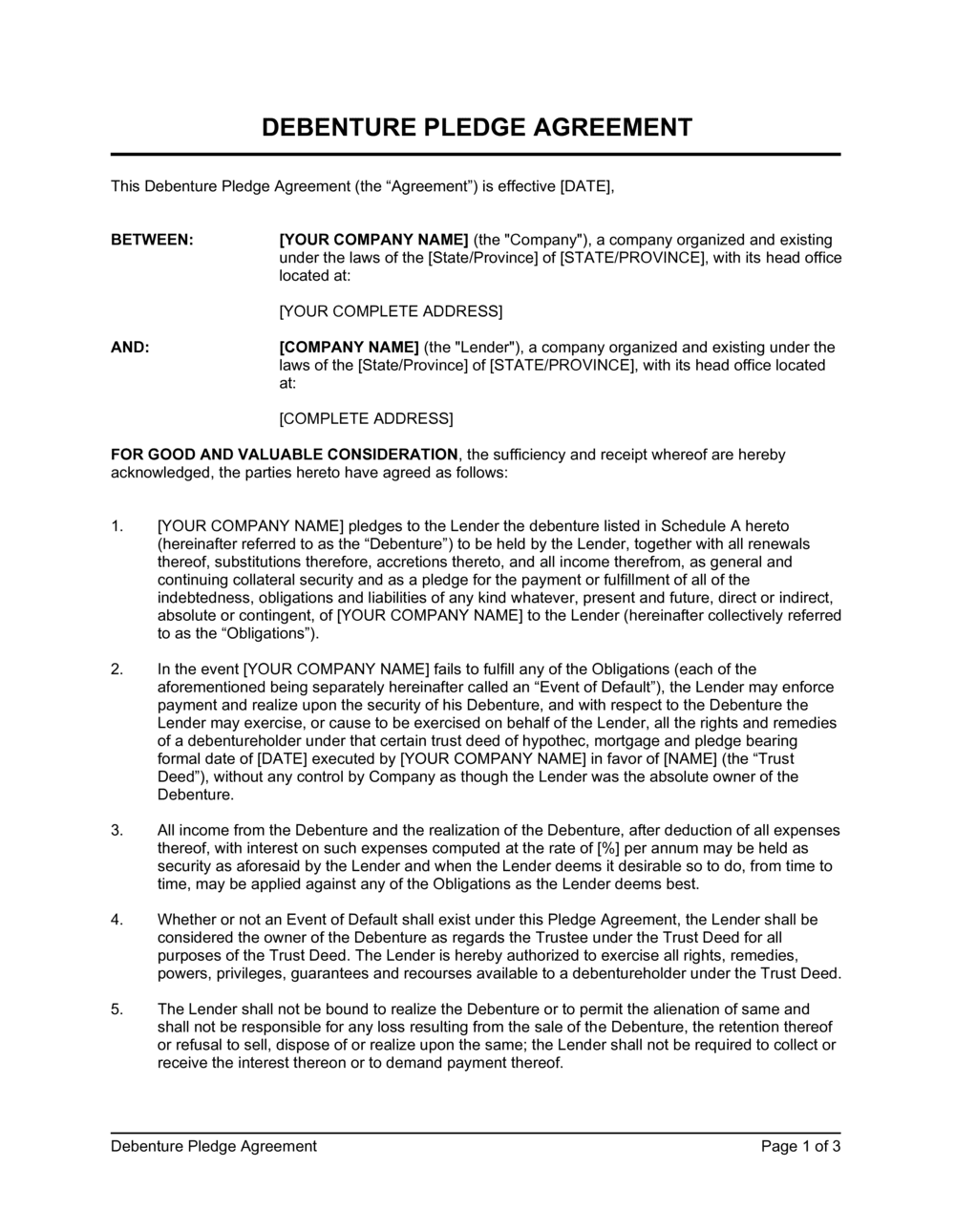Business-in-a-Box's Debenture Pledge Agreement Template