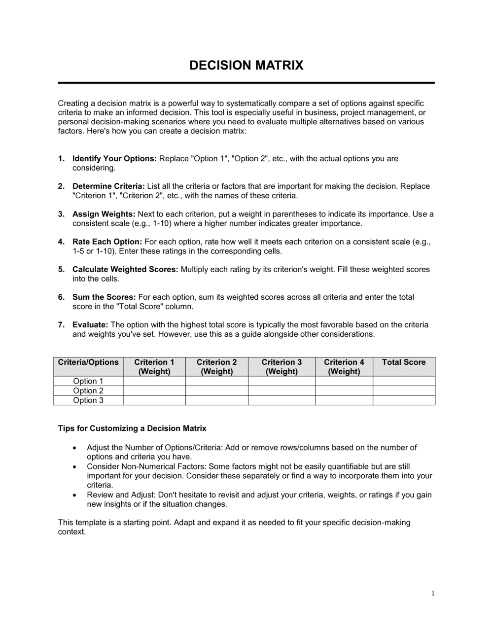 Business-in-a-Box's Decision Matrix Template