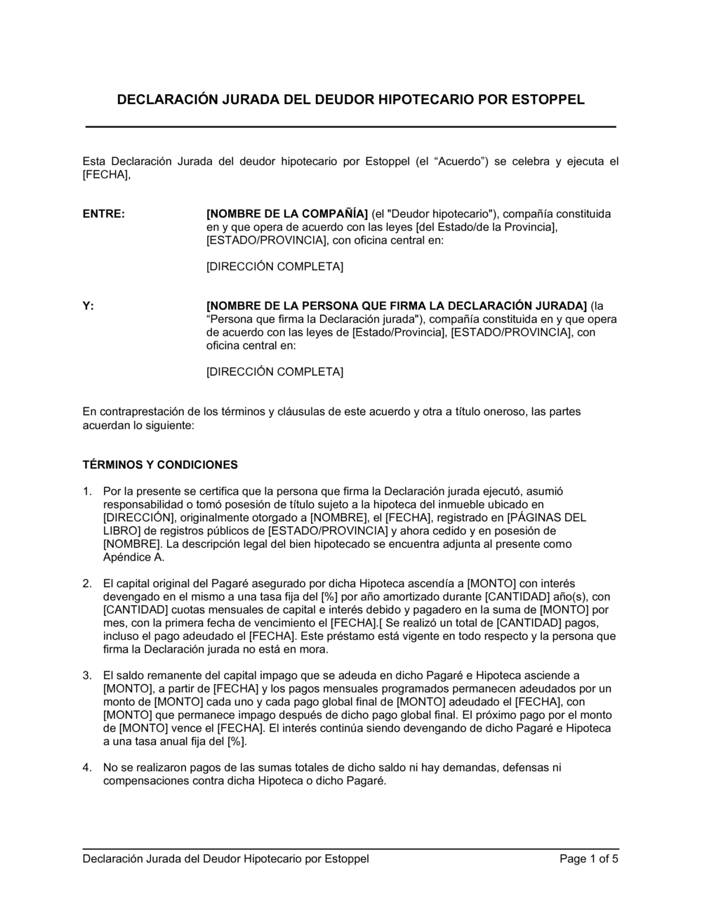 Business-in-a-Box's Declaración jurada del deudor hipotecario por estoppel