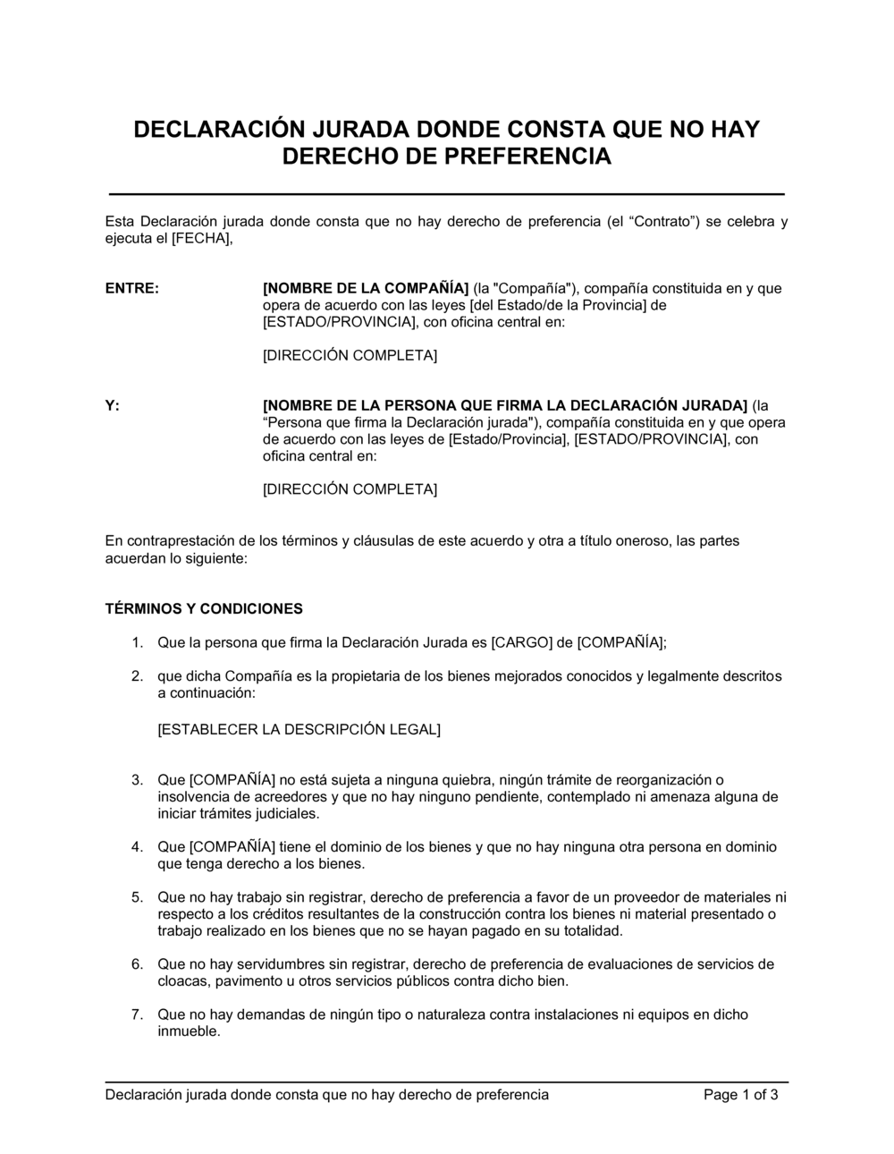 Business-in-a-Box's Declaración jurada donde consta que no hay derecho de preferencia
