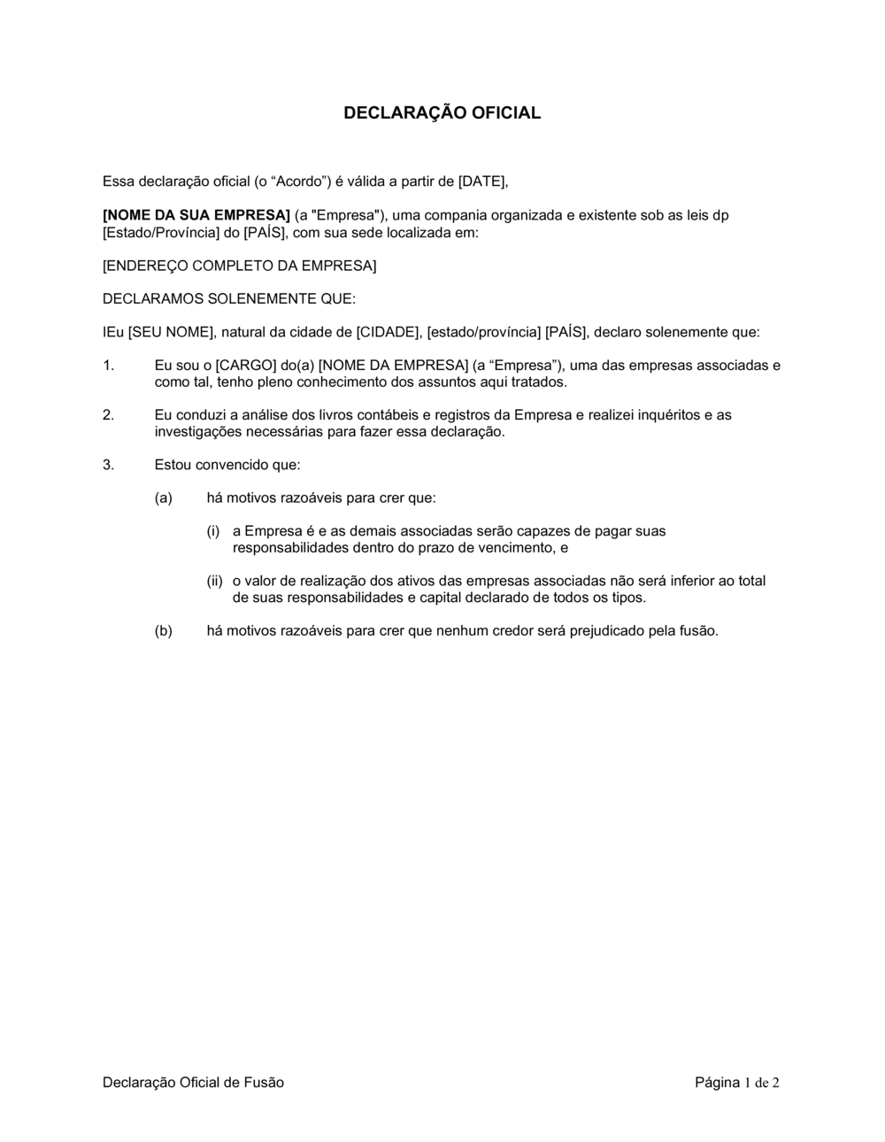 Business-in-a-Box's Declaração Estatutária de Amalgamação