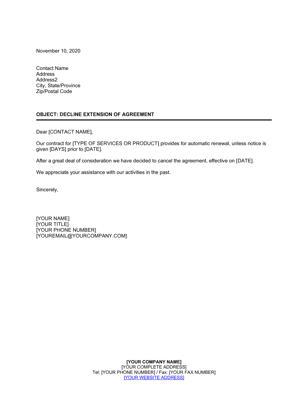 Decline Extension Of Agreement Template By Business in a Box 