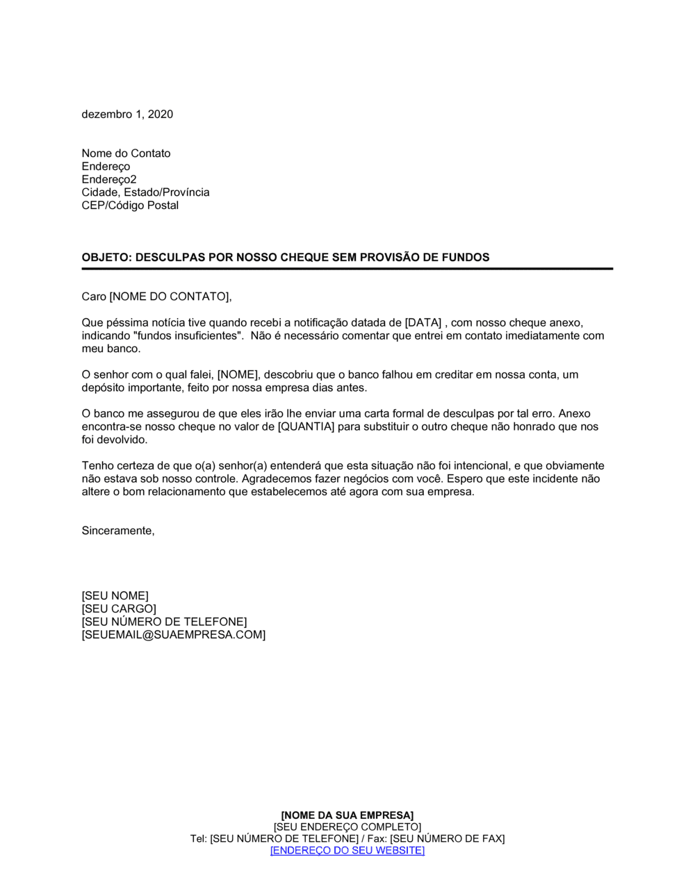 Business-in-a-Box's Deculpas por Recebimento de Cheque NSF