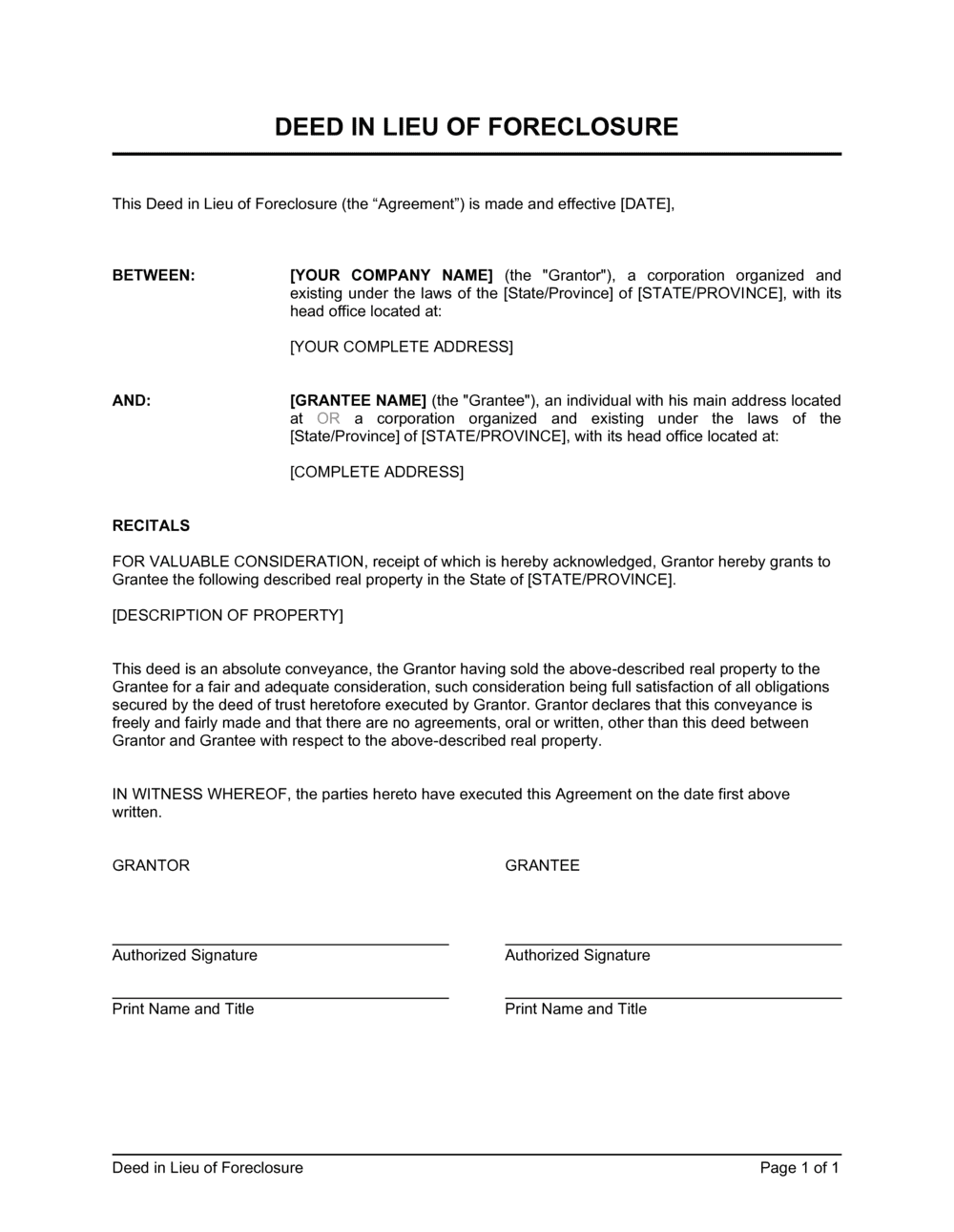 Deed In Lieu of Foreclosure Template by BusinessinaBox™