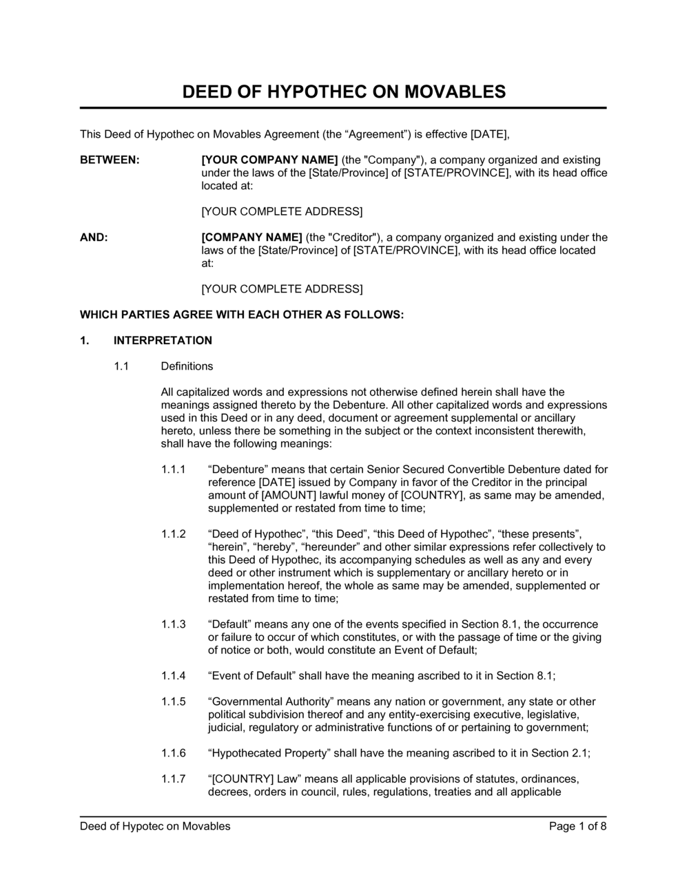 Business-in-a-Box's Deed of Hypothec on Movables Template