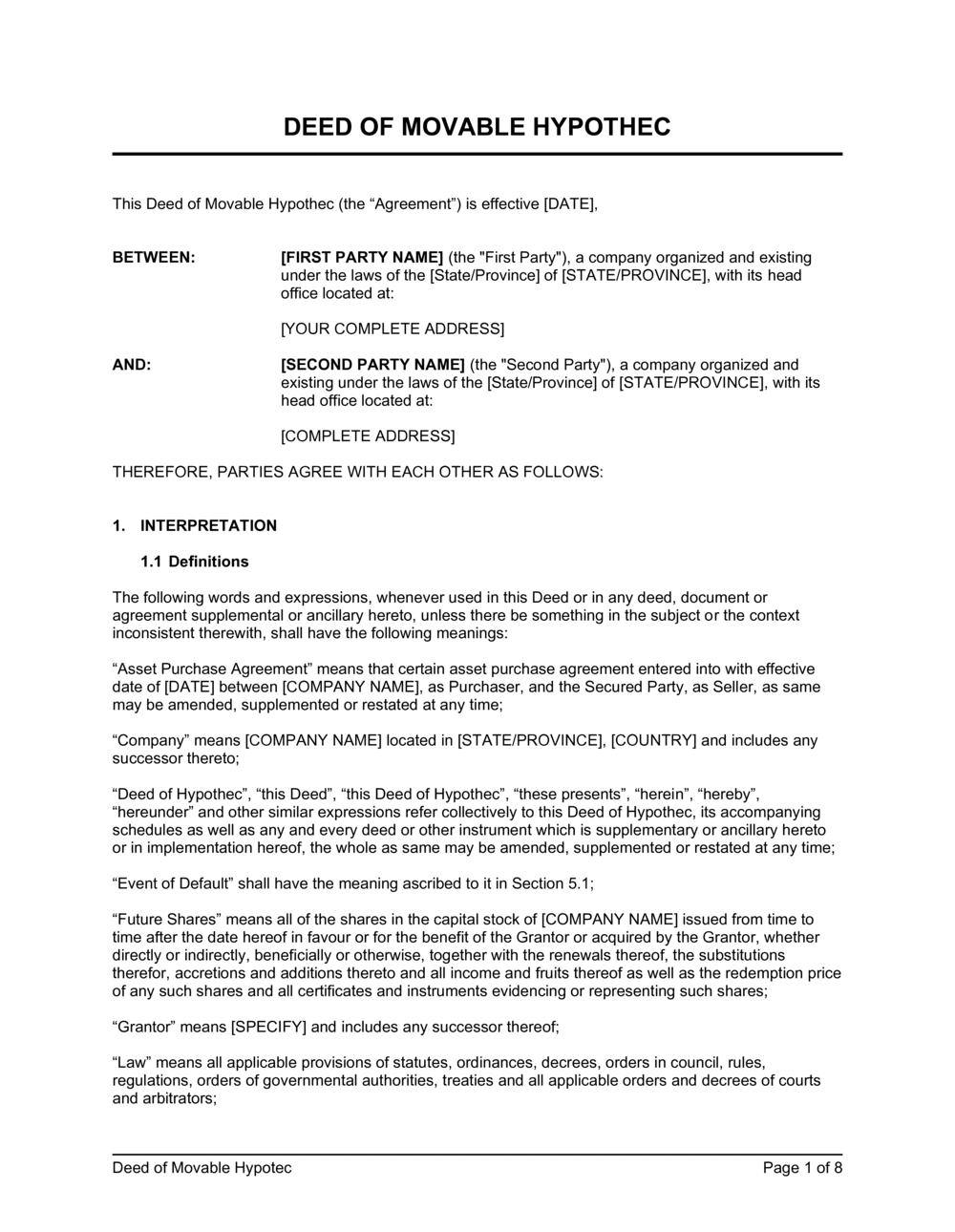 Business-in-a-Box's Deed of Movable Hypothec Template
