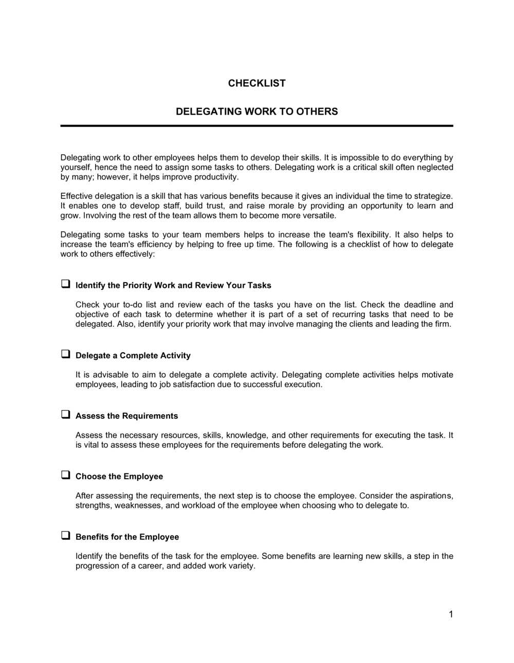 Business-in-a-Box's Delegating Work To Others Checklist Template