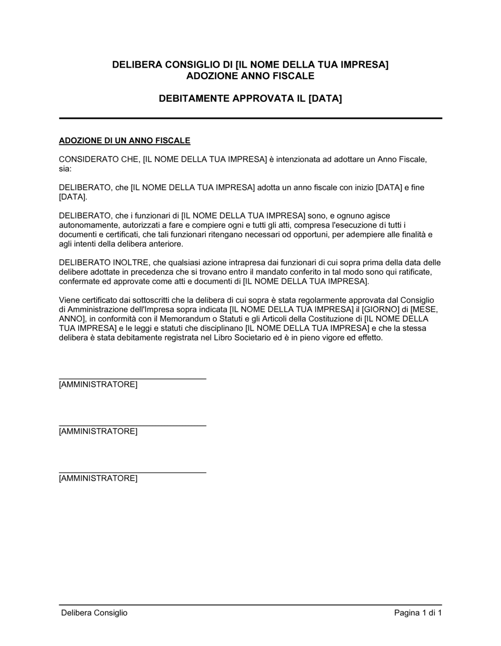 Business-in-a-Box's Delibera consiglio adozione anno fiscale