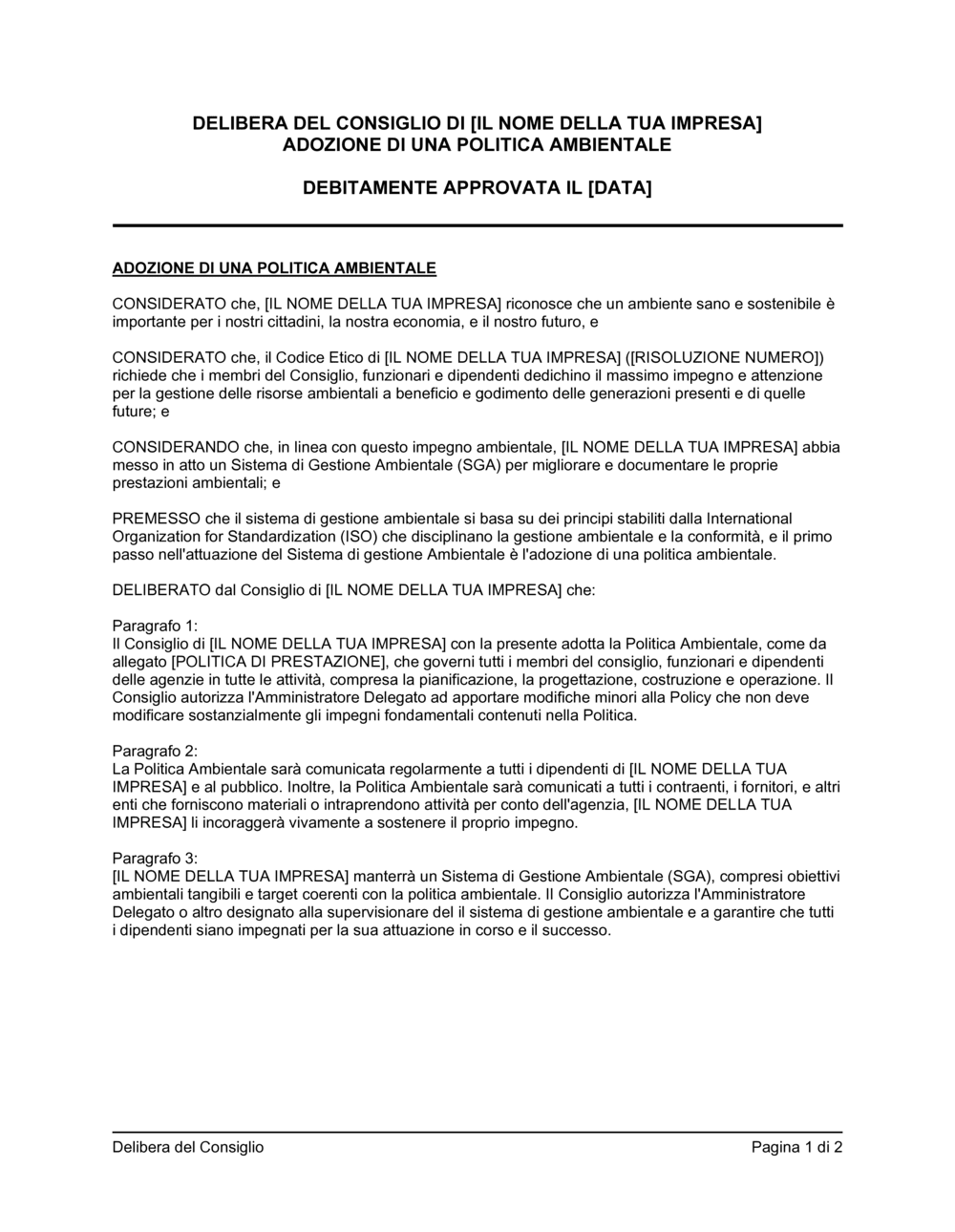 Business-in-a-Box's Delibera consiglio adozione politica ambientale